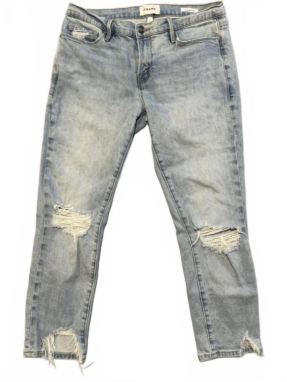 FRAME Le Garcon Crop Jeans 27 Light Wash Distressed Raw Hem Boyfriend 24 Inseam